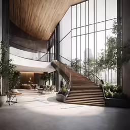 an interior with a curved wooden ceiling and large glass windows
