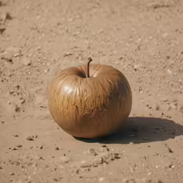 an apple sitting on the ground near dirt