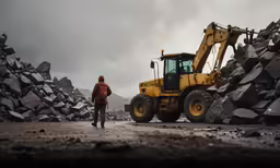 a yellow tractor parked in a rocky field next to rocks