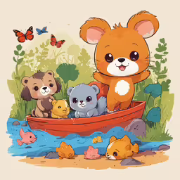 an animal that is standing in a boat,a colorful and cute illustration of a teddy bear in a boat with animals