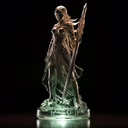 a green glass figurine of a man with a sword,a statue that looks like a woman standing next to a sword