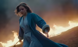 the actor is walking with a sword on a trail of fire