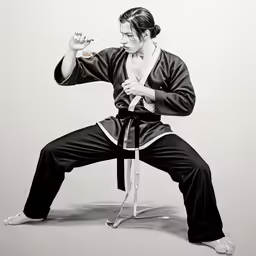 a drawing of a man in karate kimono and holding a drink