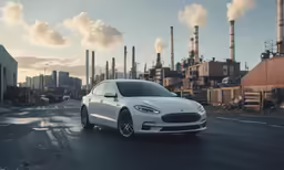 a car is driving on a street in front of a factory