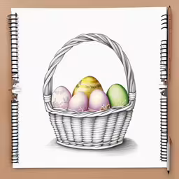 a drawing of easter eggs in a basket,the pencil drawing is in front of a note pad
