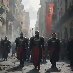 two roman soldiers standing next to each other on a city street