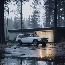 a car is parked outside the shed on the rainy day