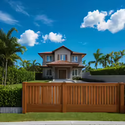 a beautiful home with large fence and palm trees in the background