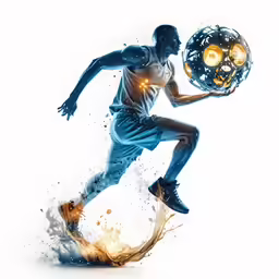 a man holding a basketball in front of a white background