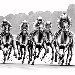 five horses and jockeys race along a racetrack in a cartoon style,a drawing of jockeys and their horses with a full body of racing