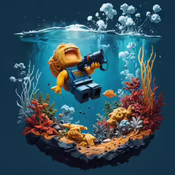 an underwater photo of a fish and man taking pictures