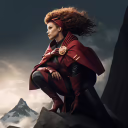 a woman in a red superhero costume standing on rocks