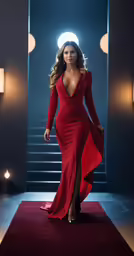 a woman wearing a red dress is on a dark stage
