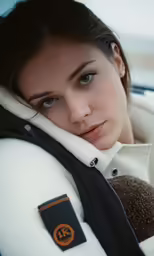 a woman is sitting in the snow, wearing a jacket