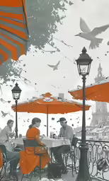 an abstract photograph shows people sitting outside in an open air restaurant