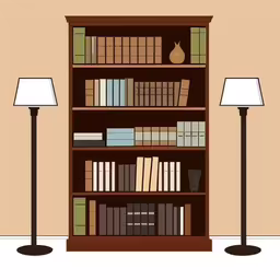bookshelf with three lamps against beige walls,two lamps and a book case in a room