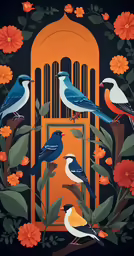 four blue birds perch on branches in front of a birdcage