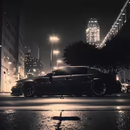 a car in the dark on a city street