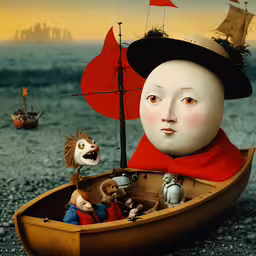 an image of two people in a boat and a dog in a hat,a white doll sitting in a boat with a pirate ship in the background