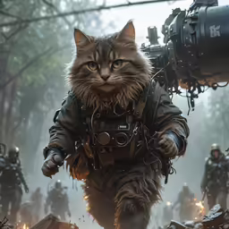 a cat in a costume that appears to be running through the woods
