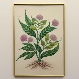 an art work on display in a white room,a painting with floral paintings hanging in the corner of a room