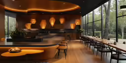 a long table that is sitting inside of a restaurant