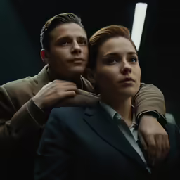 the man and woman in business clothes are staring to the sky