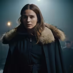 the woman in black jacket is wearing fur collar