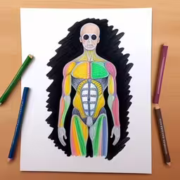 a drawing with pencils on the table of a person holding a football,a drawing of a male human torso with two parts