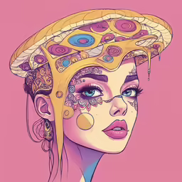 a girl wearing a yellow hat with circles and stars on it