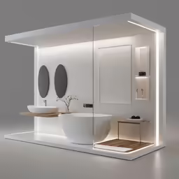 an unusual bathroom with a large white bathtub