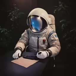 an astronaut suit sits at a desk with a remote control