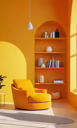 a yellow chair next to an orange book shelf