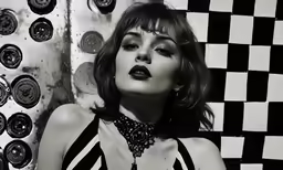 a woman in a black and white dress and an elaborate necklace