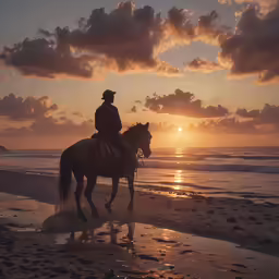 a man on horseback and sunset at beach with dog