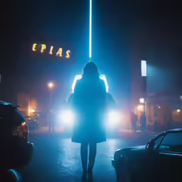 the woman is walking down the street at night