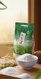 a bunch of green rice in a bag and two bowls with rice on a table