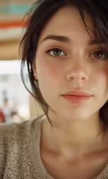 a young lady wearing a tan sweater and brown eyeliners