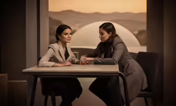 two women are sitting at a table with an interesting view
