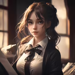 the image of a woman in a suit is looking at a book