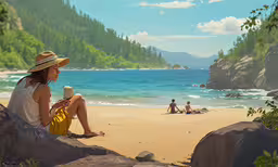 woman holding a hot beverage while sitting on beach,a girl in a hat sitting on a beach