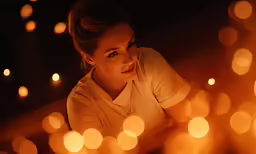 woman looking into the camera with lights around her