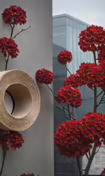 a vase and two small red flowers on a wall