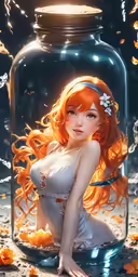 anime girl in white dress sitting in front of a glass jar