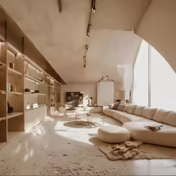 a large room with lots of white furniture