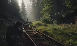 a man standing on train tracks with trees and a person