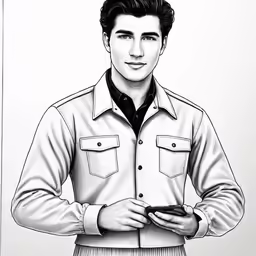 a man with a button up shirt is holding a cell phone