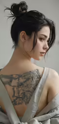 a woman is sitting on a bed with tattoos