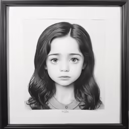 the portrait of a girl is framed on a wall