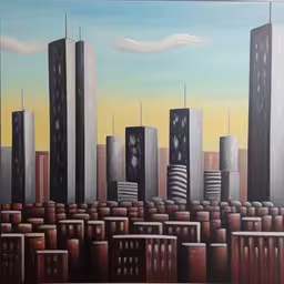 a painting with a few cityscape in the background